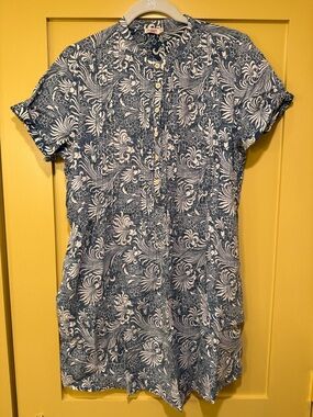 Faherty Blue & White Floral Button-Front Tunic Dress linen , with pockets